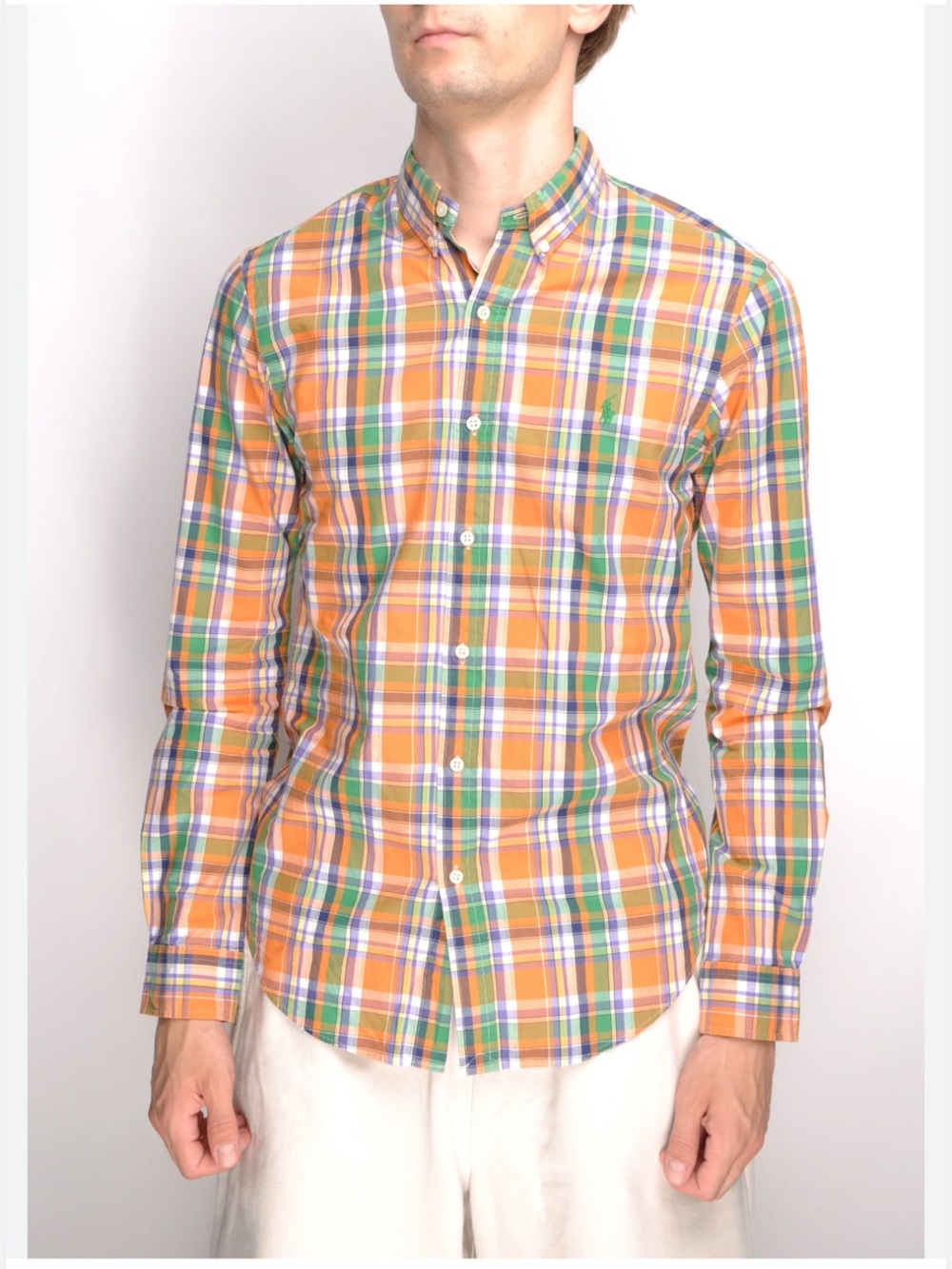 Men's Orange & Green Plaid Button-Down Shirt M
